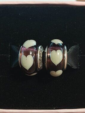 Authentic Pandora Retired Violet Murano Glass Beads with Grey Hearts – 790659